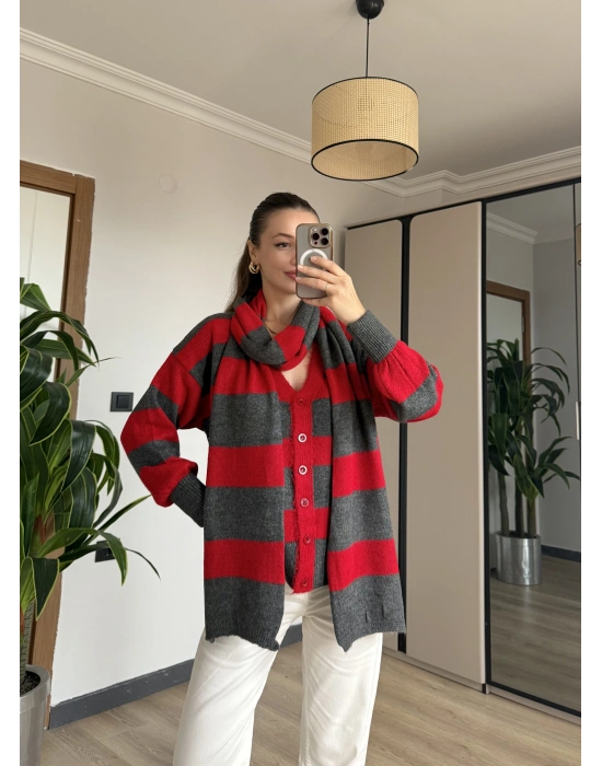 Kırmızı Çizgi Atkılı Hırka