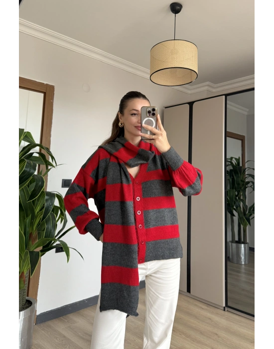 Kırmızı Çizgi Atkılı Hırka