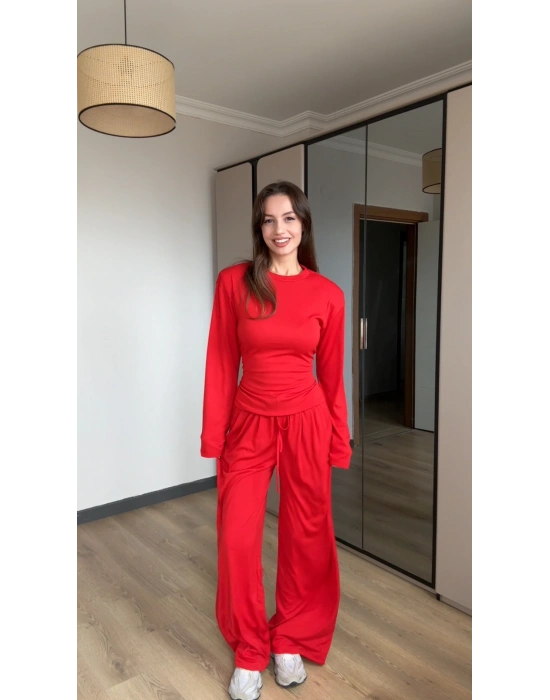 Kırmızı Vatkalı Bel Bağlamalı Takım