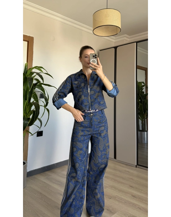 Koyu Denim Etnik Desen Takım