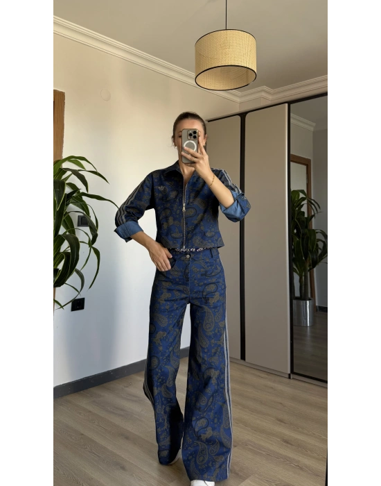 Koyu Denim Etnik Desen Takım