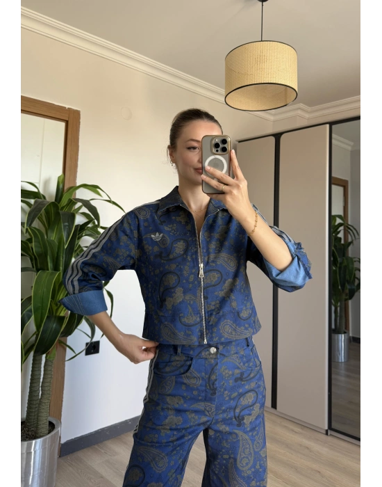 Koyu Denim Etnik Desen Takım