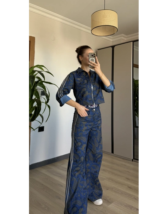 Koyu Denim Etnik Desen Takım