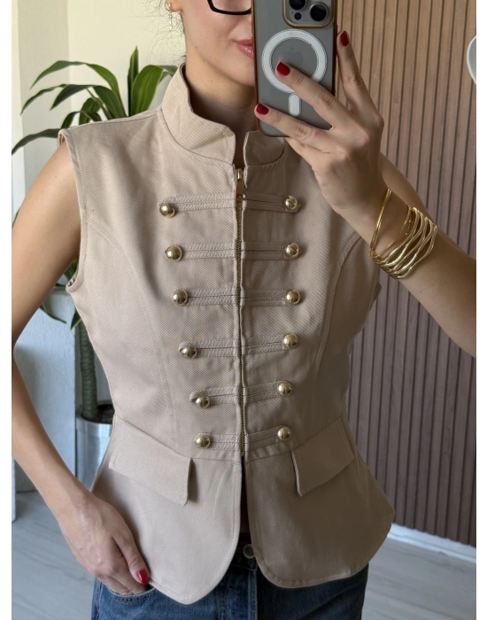Krem Apoletli Denim Yelek