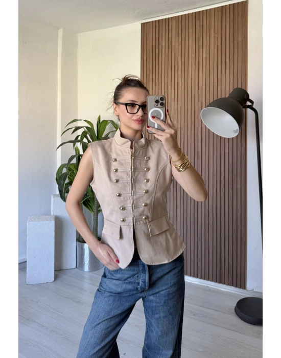 Krem Apoletli Denim Yelek