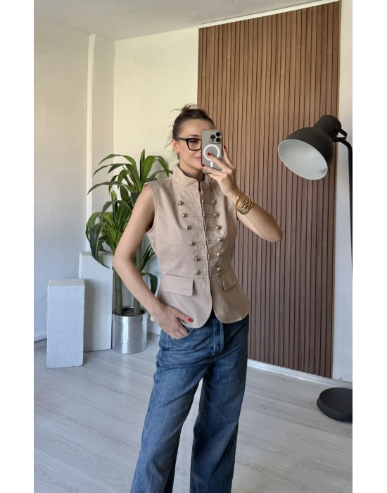 Krem Apoletli Denim Yelek