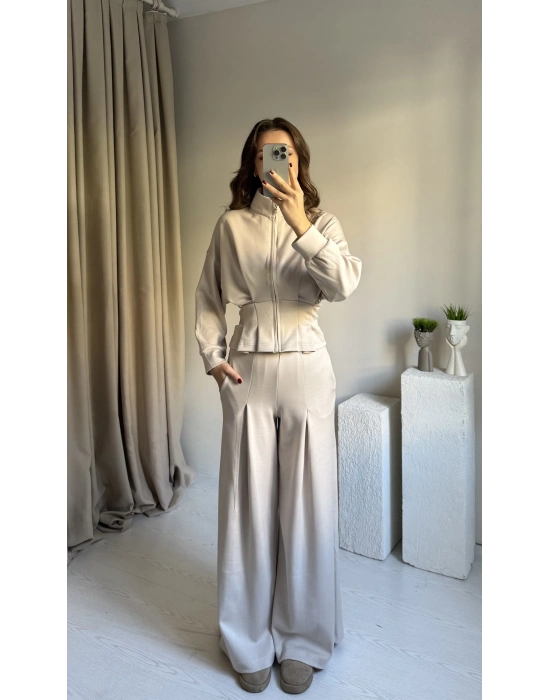 Krem Beli Kemerli Premium Kumaş Takım