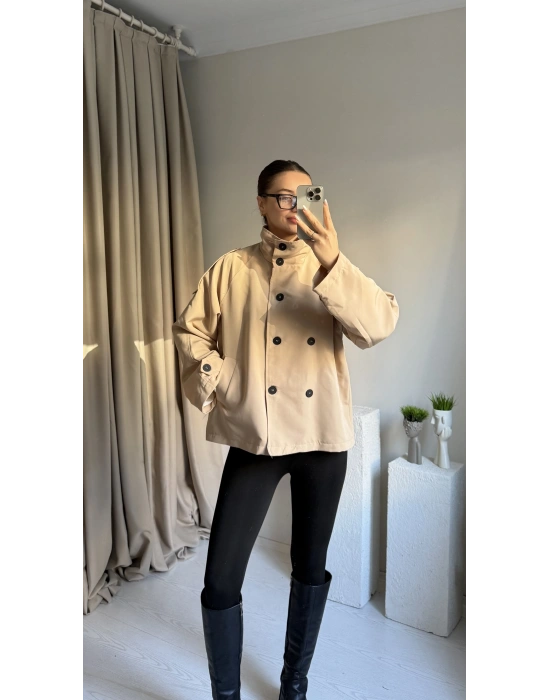 Krem Dik Yaka Kuşaklı Trenç