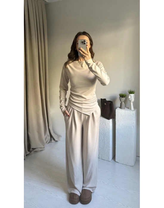 Krem Modal Asimetrik Takım