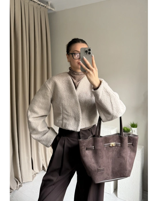 Krem Orkide Kumaş Crop Ceket