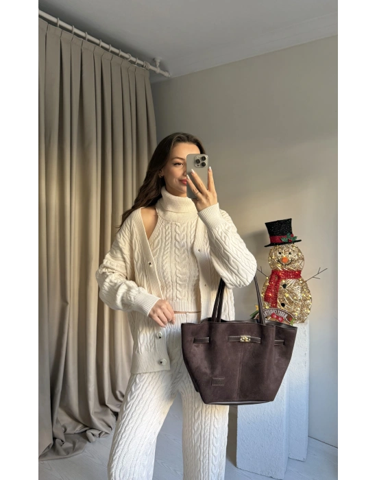 Krem Üçlü Örgü Triko Takım