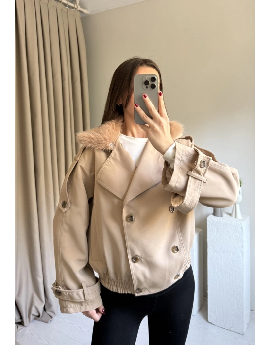 Krem Yakası Kürk Detaylı Trençkot