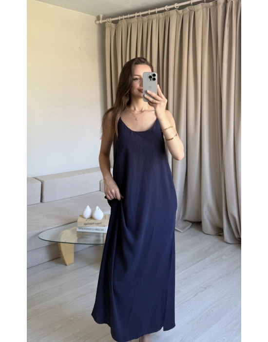 Lacivert Ayrobin Maxi Boy Askılı Elbise