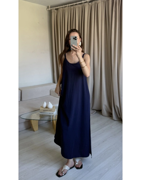 Lacivert Ayrobin Maxi Boy Askılı Elbise