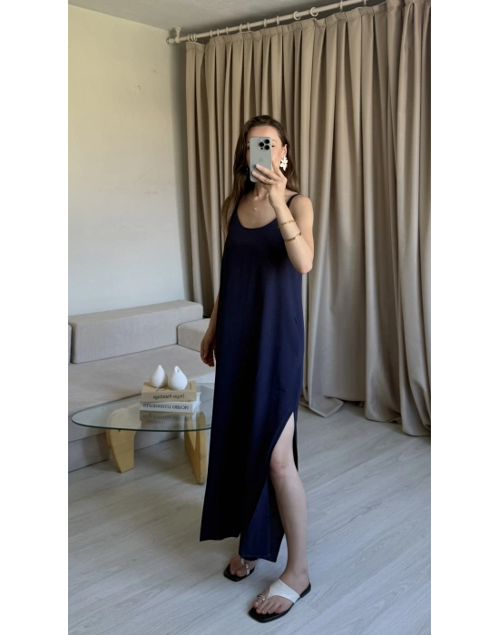 Lacivert Ayrobin Maxi Boy Askılı Elbise