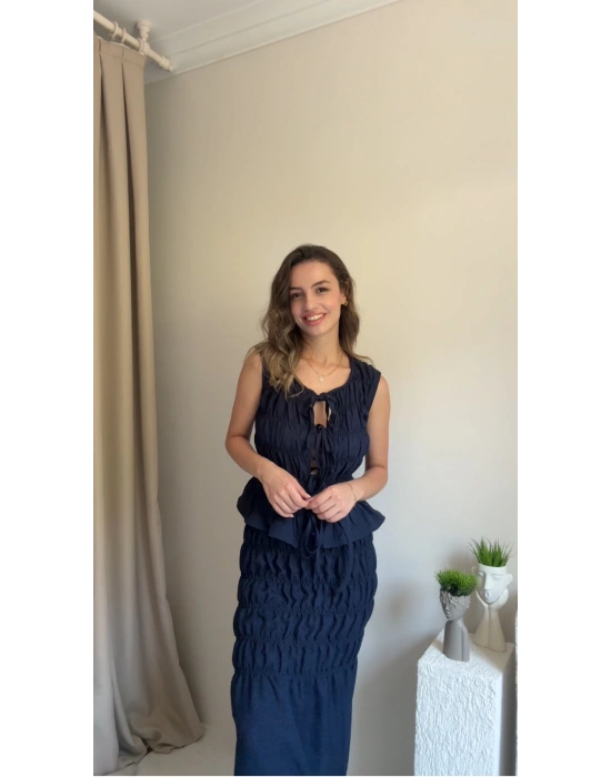 Lacivert Büzgülü Bağlamalı Etekli Takım