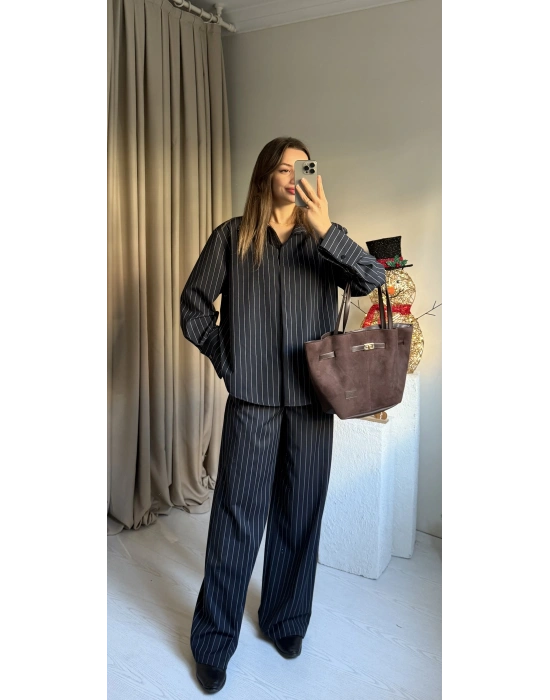 Lacivert Çizgili Vatkalı Gömlek Pantolon Takım