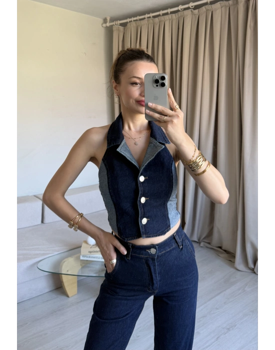 Lacivert Denim Yelek Takım