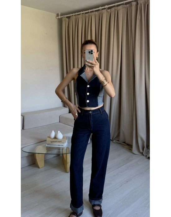 Lacivert Denim Yelek Takım