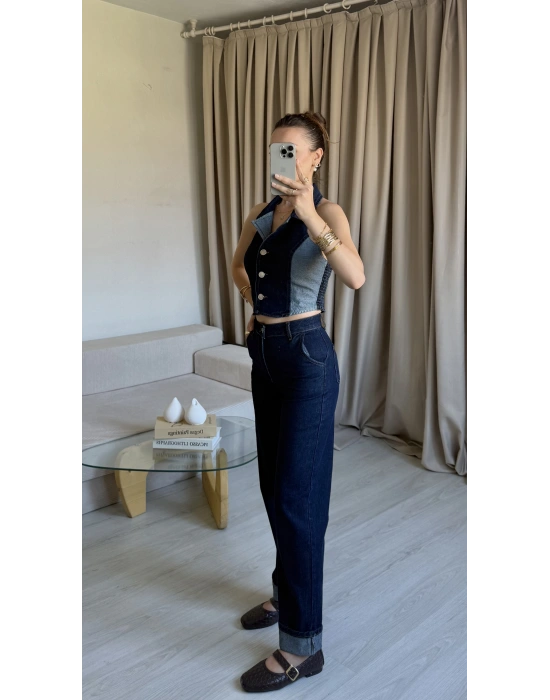 Lacivert Denim Yelek Takım