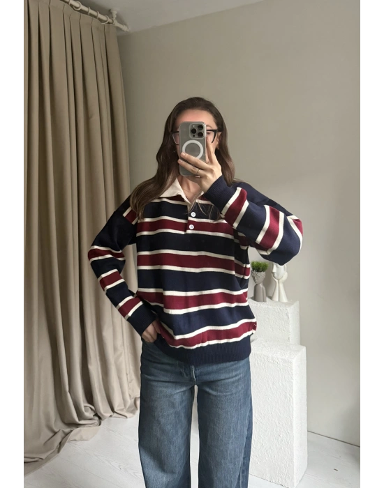 Lacivert Polo Yaka Çizgili Kazak