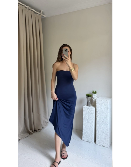 Lacivert Straplez Asimetrik Kesim Elbise