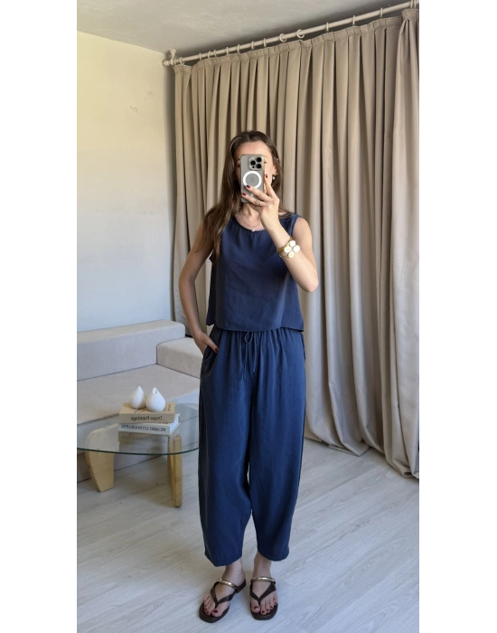 Lacivert Tencel Kalın Askılı Takım