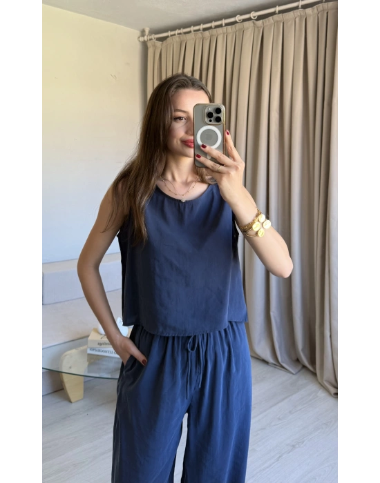 Lacivert Tencel Kalın Askılı Takım