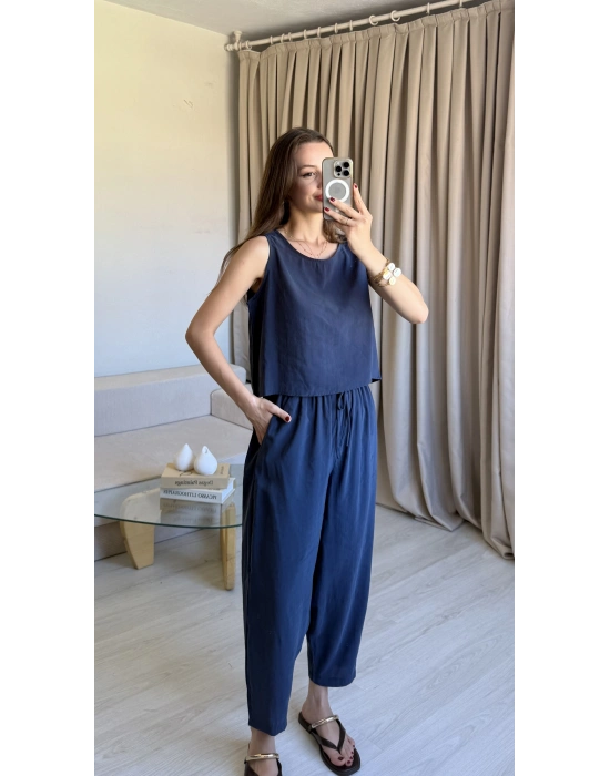 Lacivert Tencel Kalın Askılı Takım