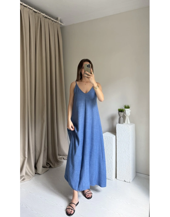 Mavi Askılı Keten Elbise