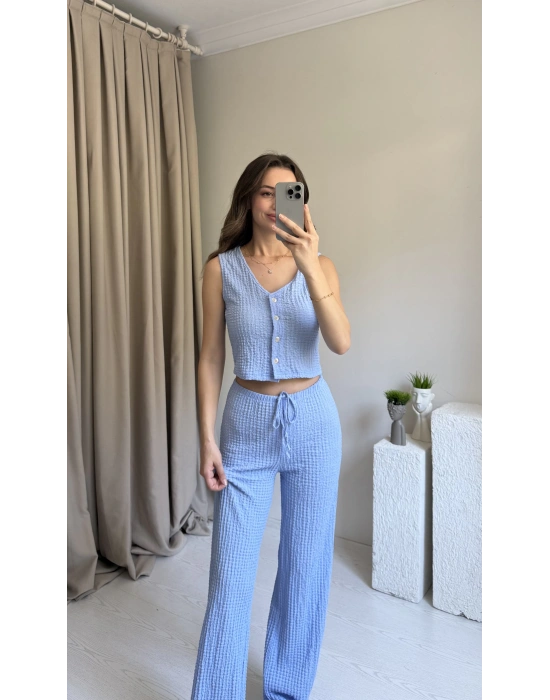 Mavi Düğmeli Pantolon Yelek Takım