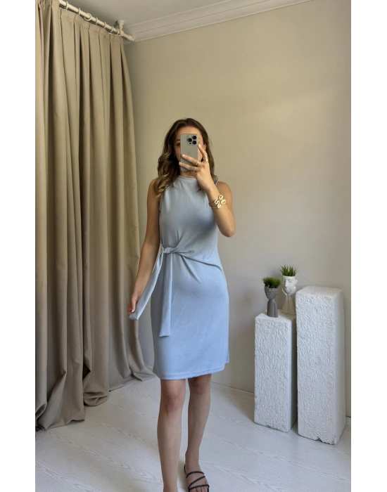 Mavi Düğüm Detaylı Kolsuz Elbise