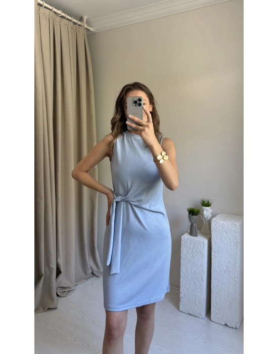 Mavi Düğüm Detaylı Kolsuz Elbise