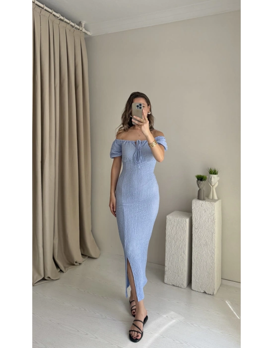 Mavi Gofre Kumaş Balon Kol Elbise