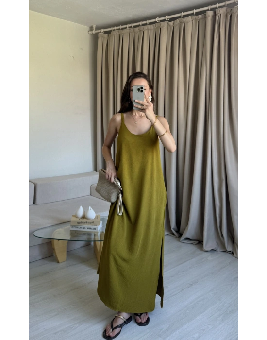 Olive Ayrobin Maxi Boy Askılı Elbise