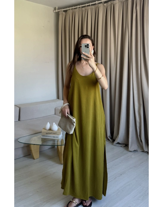 Olive Ayrobin Maxi Boy Askılı Elbise