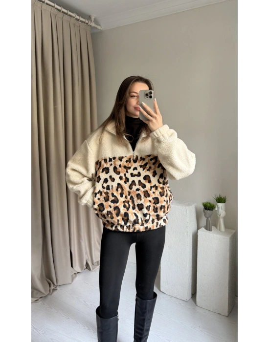 Oys Muadil Leopar Peluş Kazak