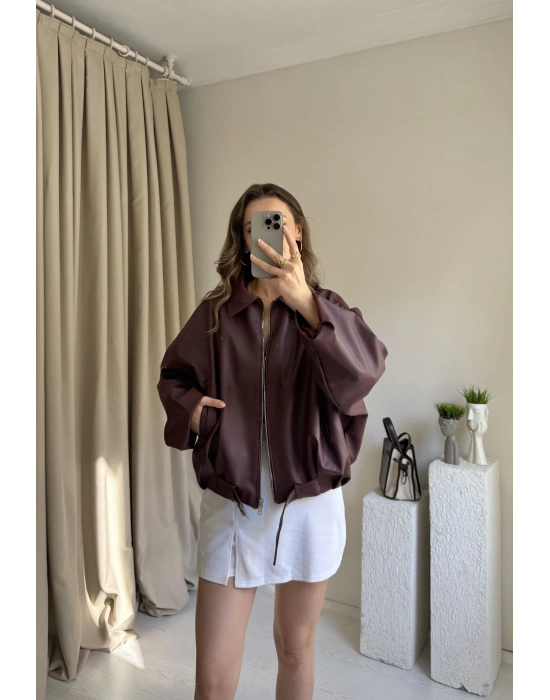 PB Marka Bordo Kemerli Deri Ceket