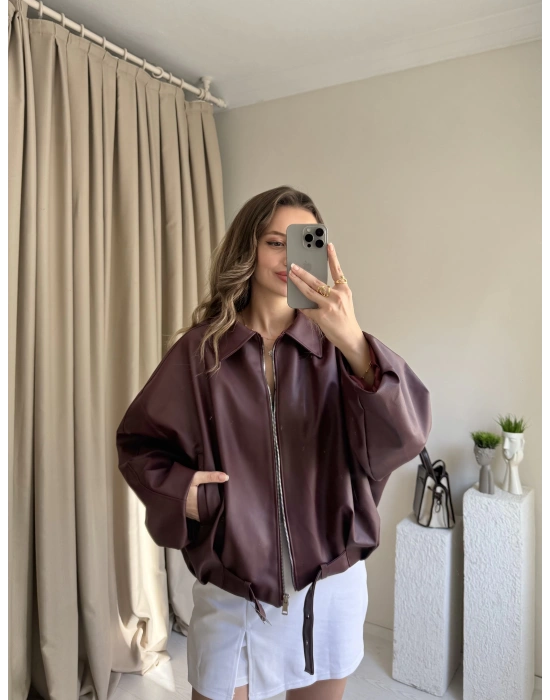 PB Marka Bordo Kemerli Deri Ceket