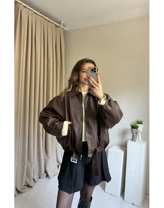 PB Marka Kahve Kemerli Deri Ceket