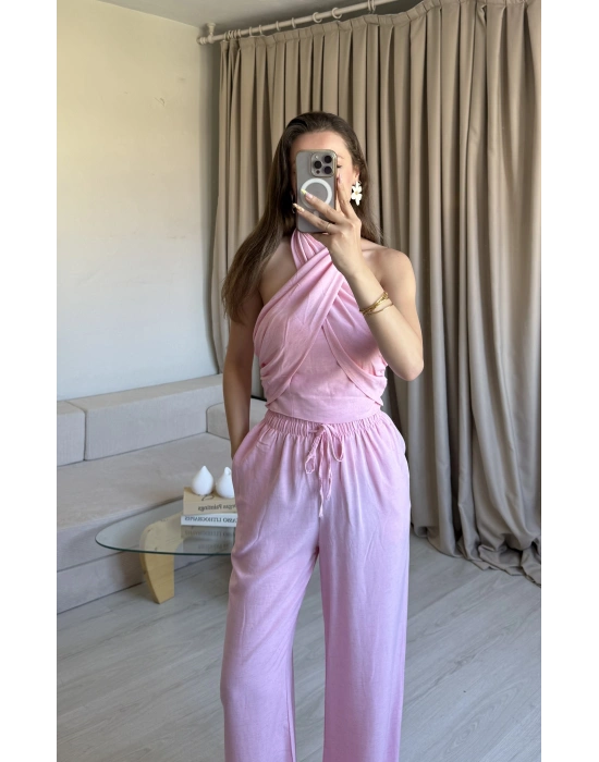 Pembe 3 Farklı Bağlama Keten Takım