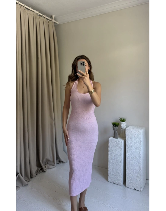 Pembe Boyundan Askılı Maxi Elbise