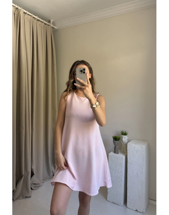Pembe Çizgili Kısa Elbise