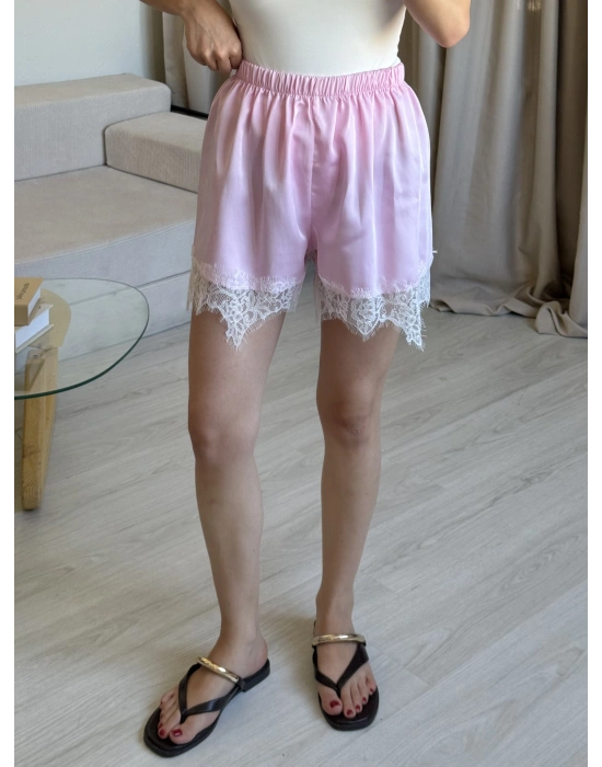 Pembe Dantel Saten Şort