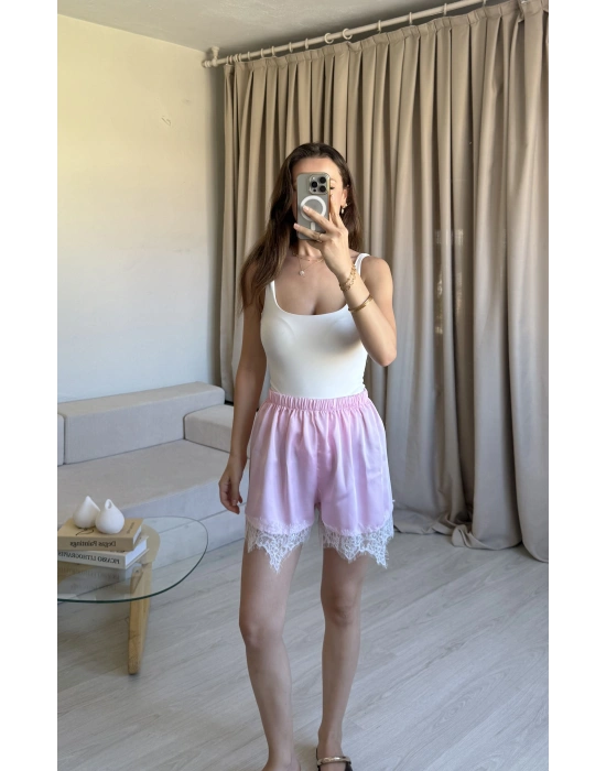 Pembe Dantel Saten Şort