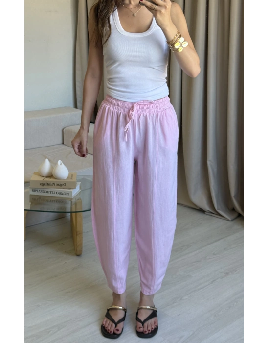 Pembe Keten Yıkamalı Balon Pantolon