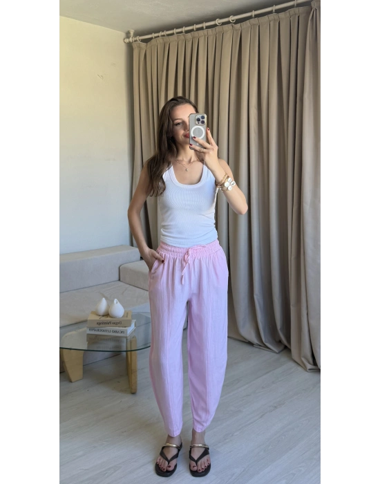 Pembe Keten Yıkamalı Balon Pantolon
