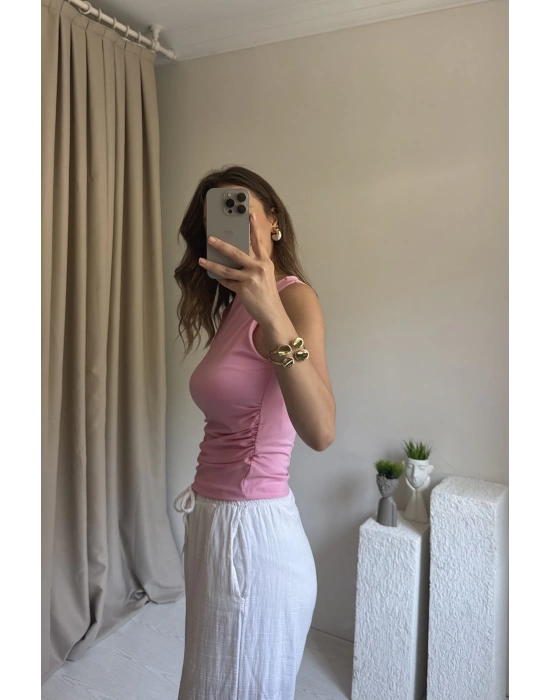 Pembe Kolsuz Yan Büzgülü Bluz