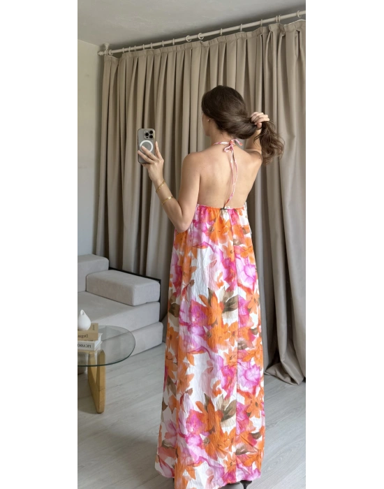 Pembe/Turuncu Boyundan Bağlamalı Elbise