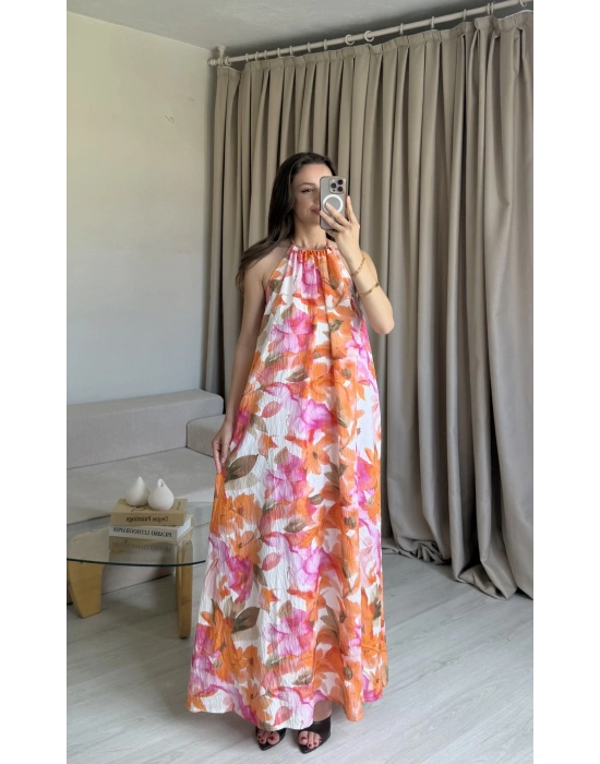 Pembe/Turuncu Boyundan Bağlamalı Elbise